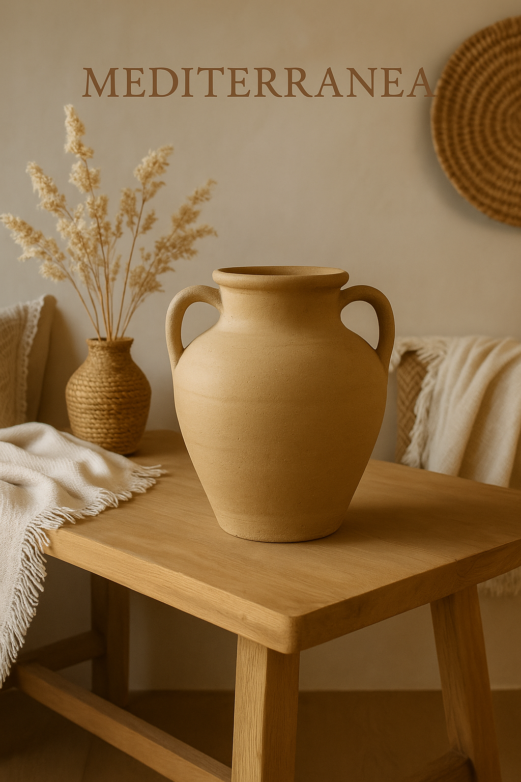 Handcrafted natural nude ceramic jar styled on a natural wood shelf.