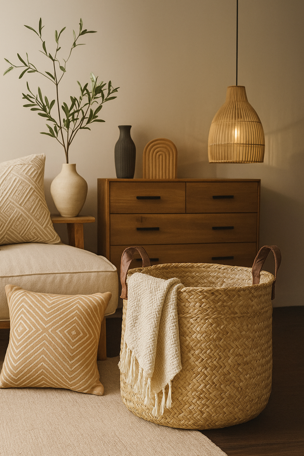Relaxed living area with soft throw, pillow, and ambient lighting.