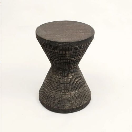 Handcrafted black brown wooden side table with geometric base