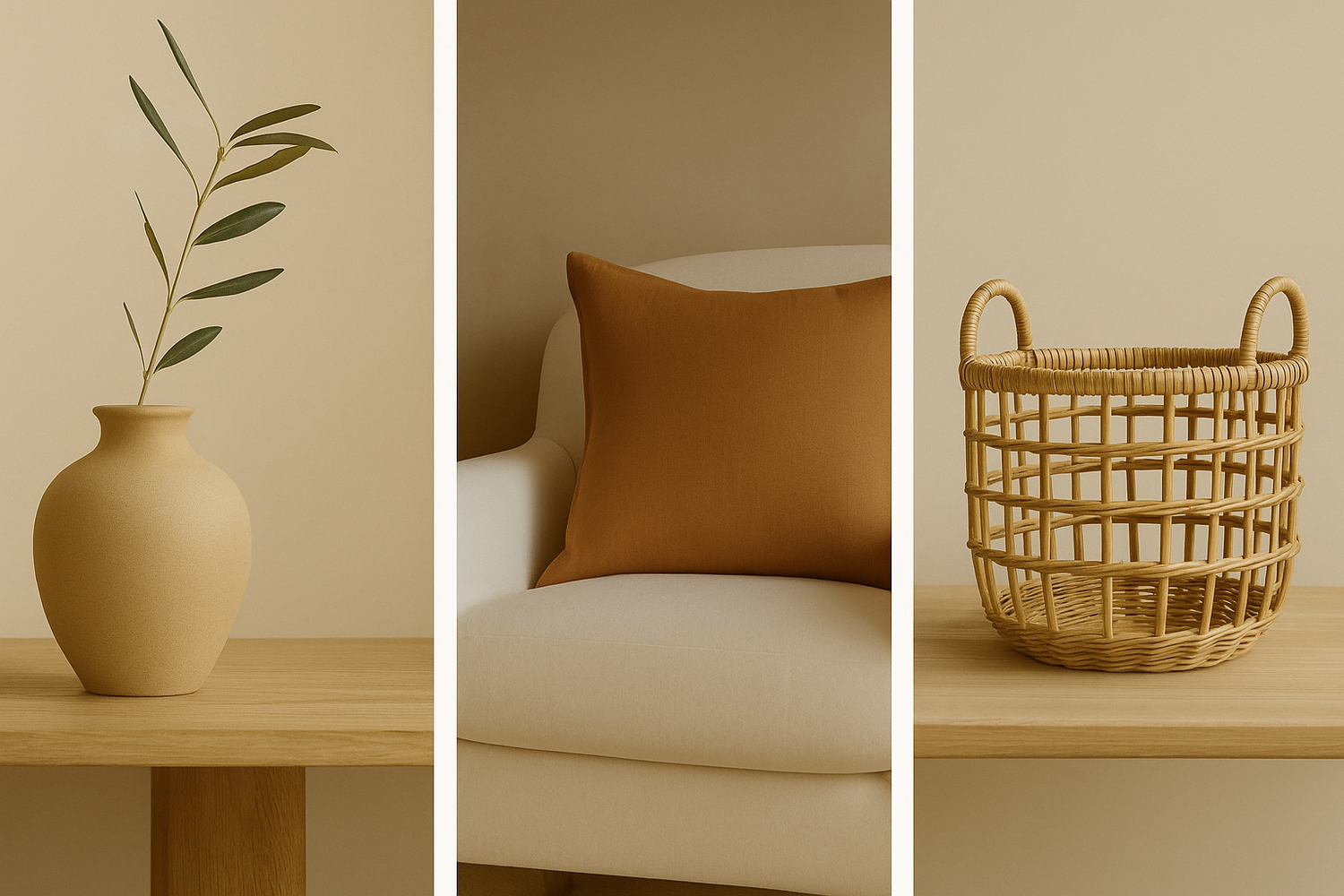 Neutral Mediterranean home decor: ceramic vase with olive branch, terracotta pillow on a cream armchair, and handwoven rattan basket on wooden shelves