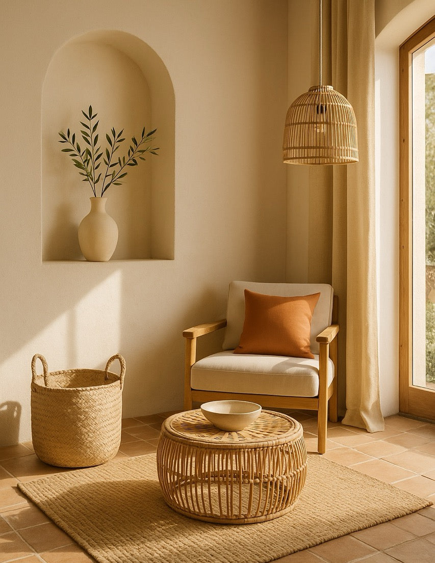 Earthy Mediterranean living space styled with ceramics and soft fabrics