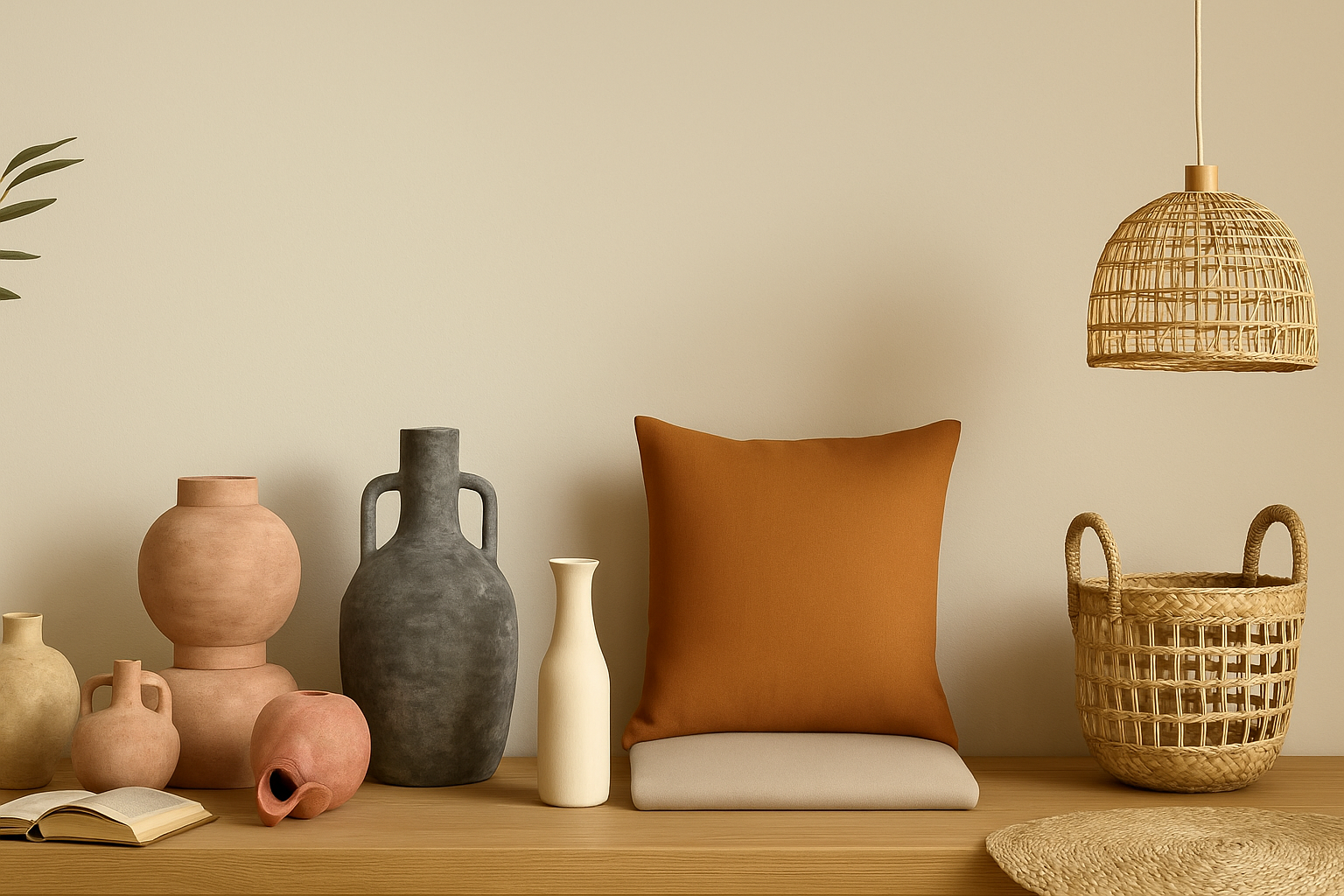 home decor arrangement with ceramic vases, rattan lamp, and warm-toned styling elements, perfect for a serene interior header.