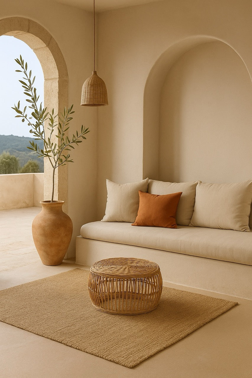 Natural textures and sunlit space showcasing slow living decor